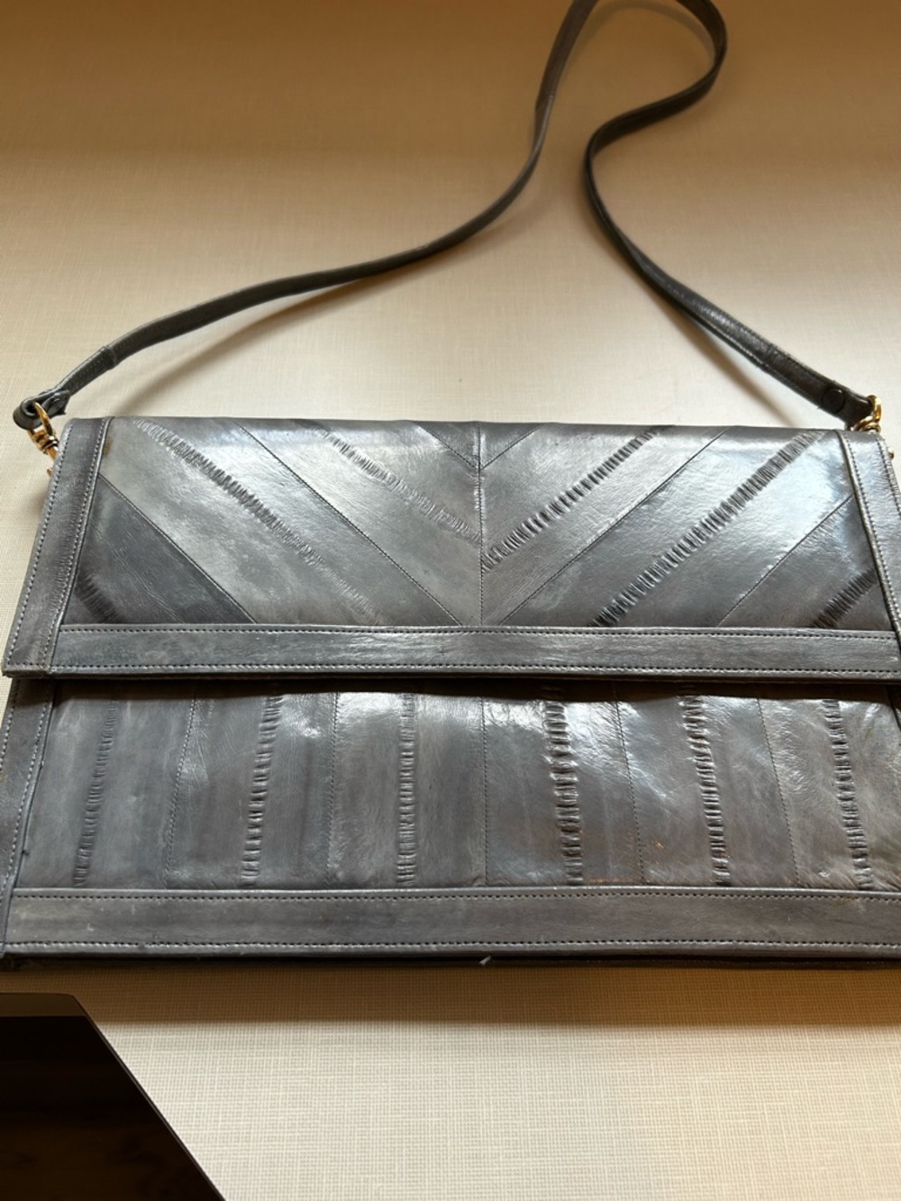 Vintage-Inspired Chevron Eel Skin Crossbody Bag in Charcoal